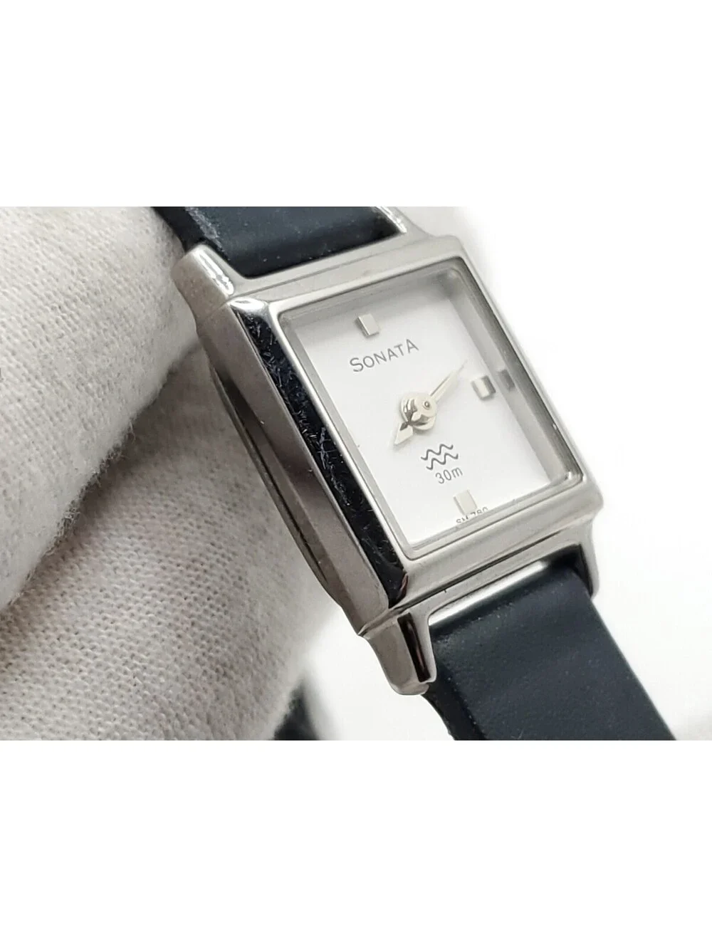 Sonata Quartz Watch Womens New Battery Silver Tone Black Band Square 17mm